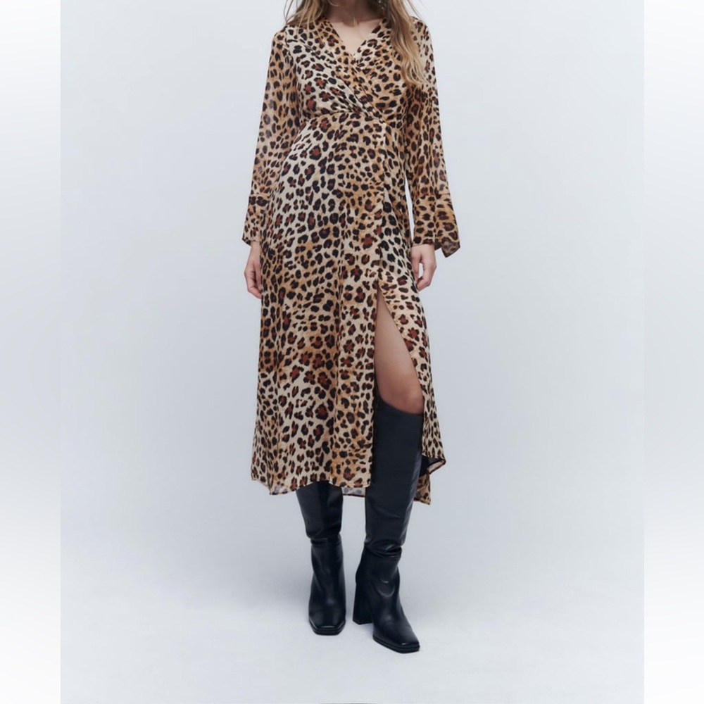 NWT ZARA LEOPARD ANIMAL PRINT MIDI DRESS SIZE XS NWT